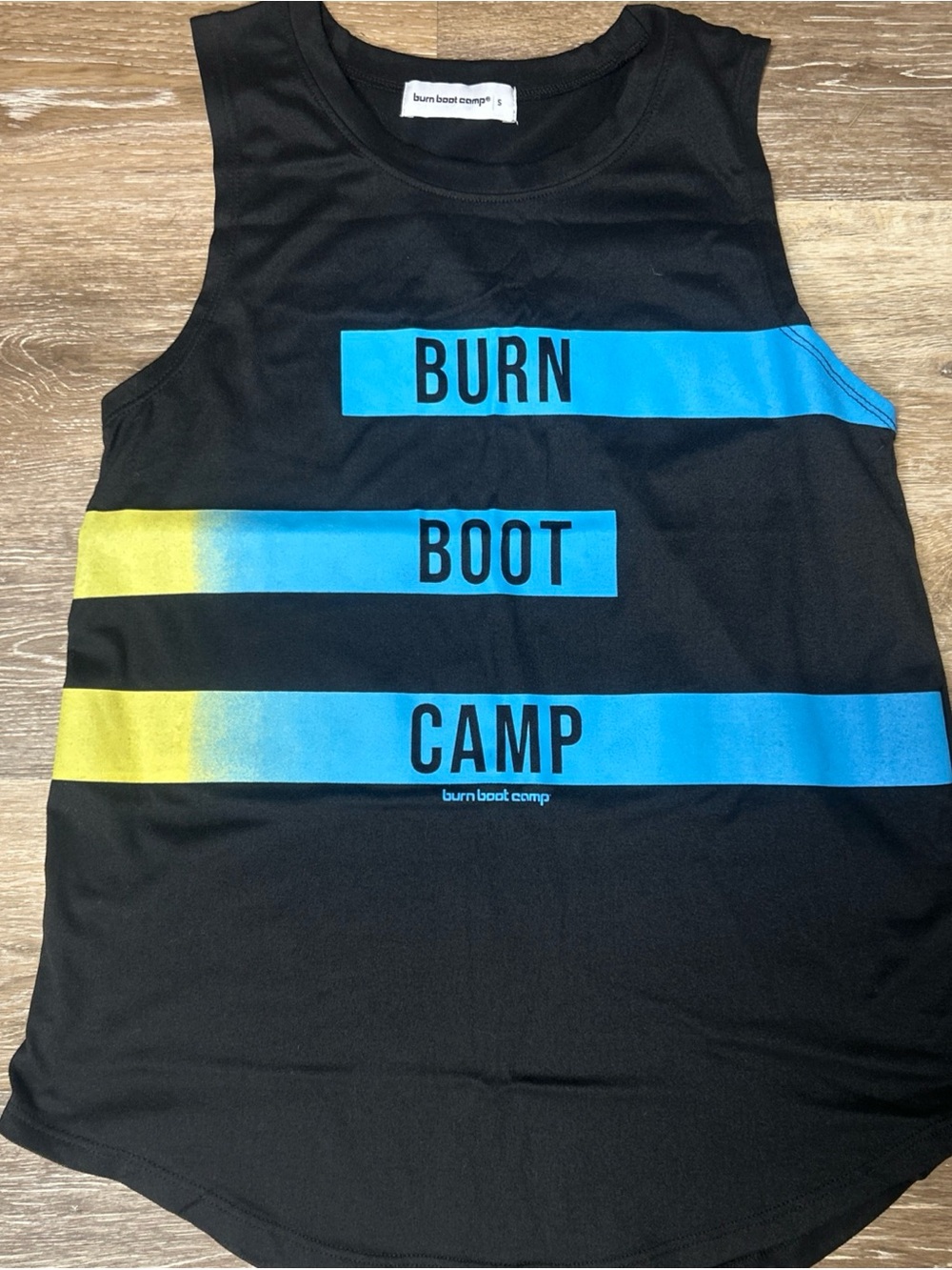 Burn Boot Camp Women’s Small Black Muscle Tank Top With Blue And Yellow Logo